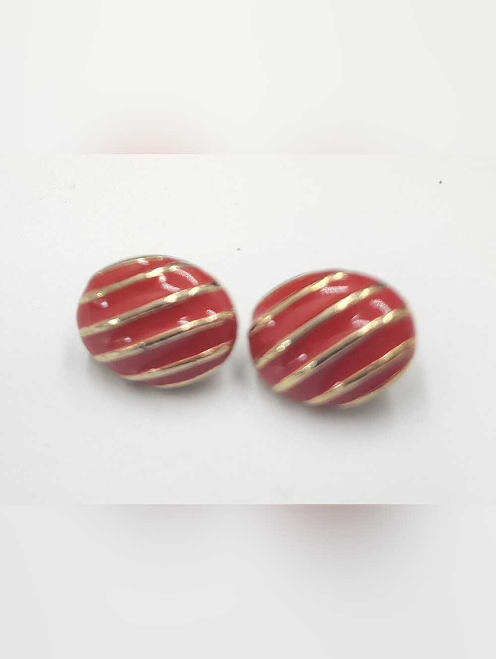 Vintage Red Pierced Earrings Post Gold Tone Oval Striped Retro